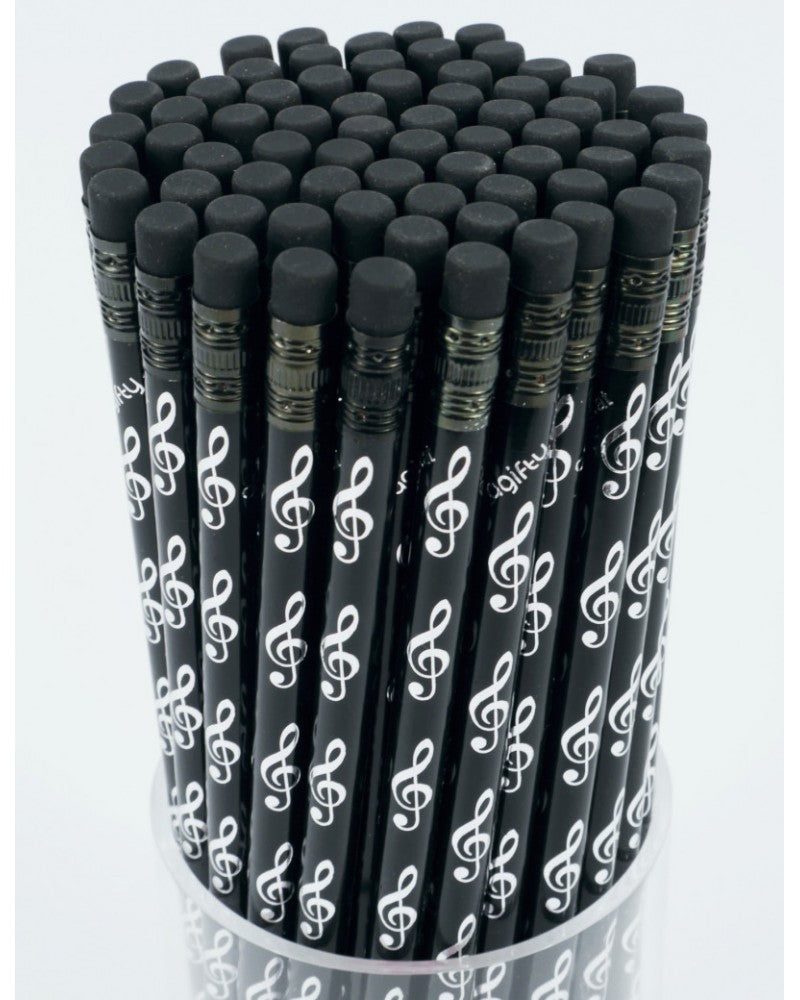 photo de Crayon de papier noir avec motifs clé de sol argenté
