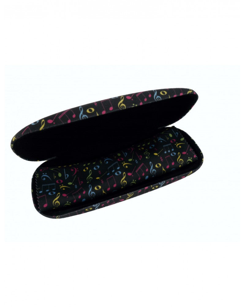 photo de Etui à lunettes coloris noir, motifs notes de musique multicolore + microfibre
