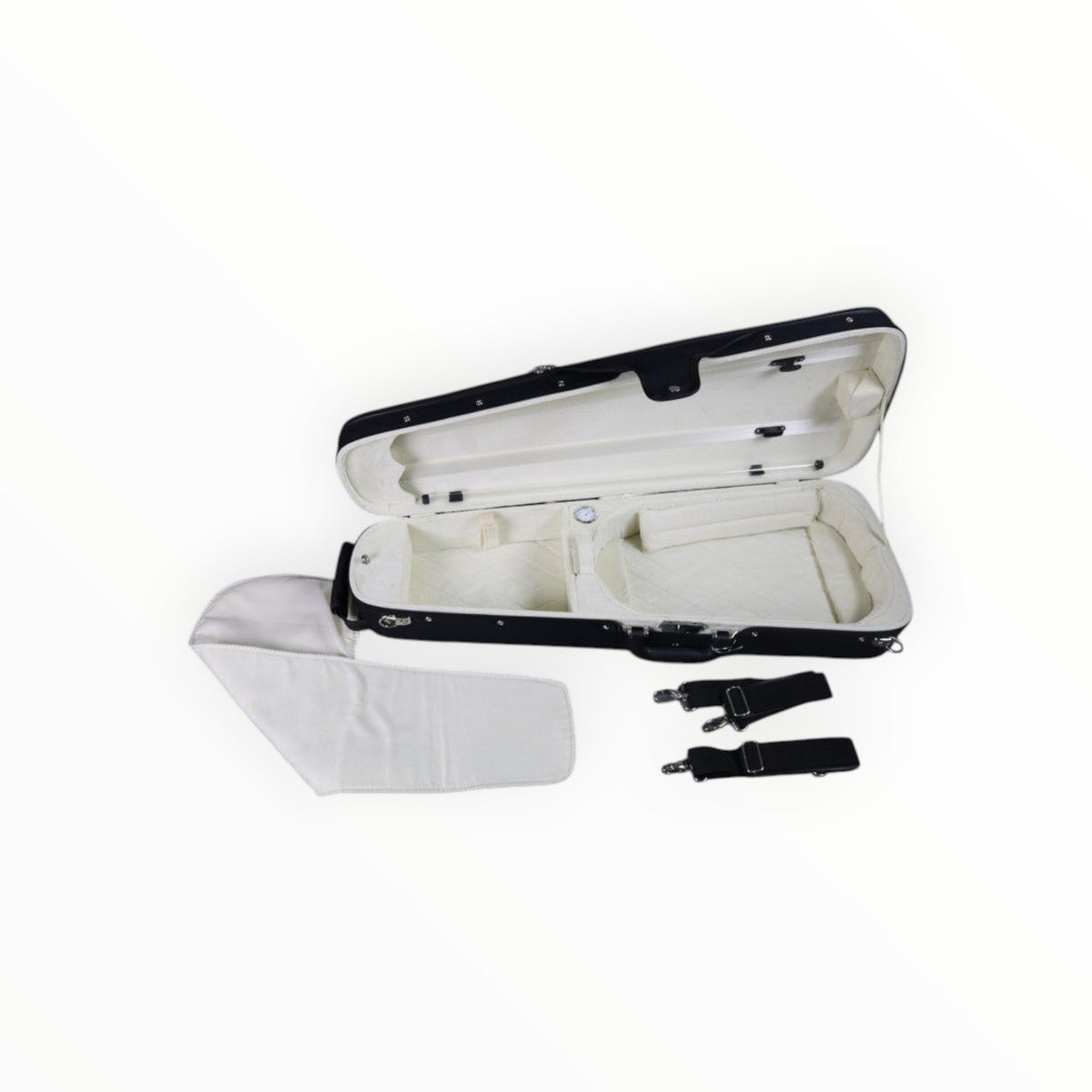 Etui alto trapèze Lutherie d'Art noir et beige avec intérieur en peau de pêche, hygromètre et sangles amovibles.