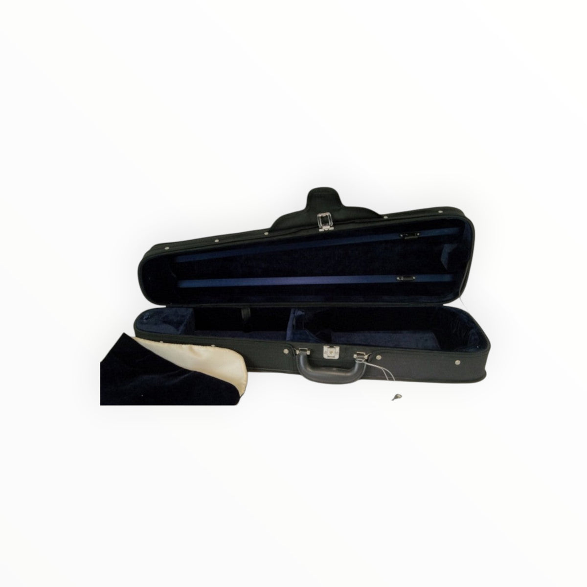 Etui violon 3/4 Lutherie d'Art forme trapèze noir et bleu avec intérieur en velours et poignée métallique